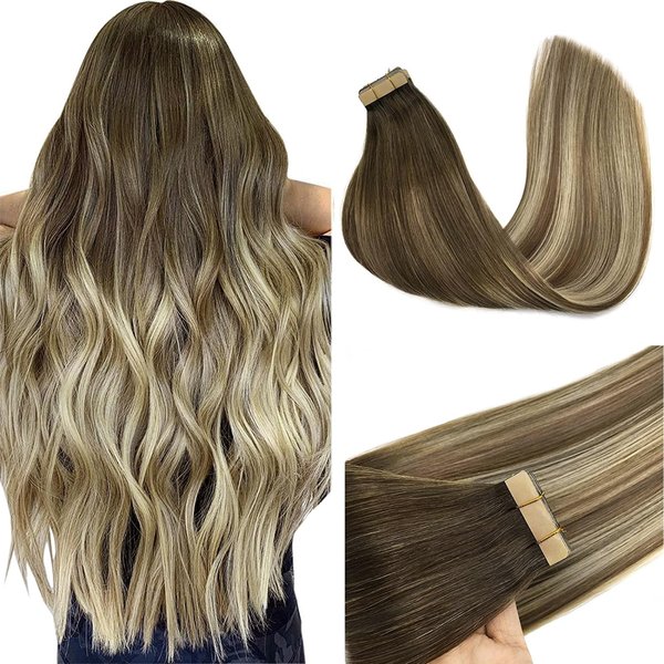 GOO GOO Tape in Hair Extensions Human Hair, 3/8/613 Balayage Walnut Brown to Ash Brown and Bleach Blonde, 22inch 50g 20pcs, Thick Ends Straight Seamless, Invisible Tape in Hair Extensions Human Hair