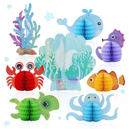 Distaratie 8 Pcs Under The Sea Party Decorations Sea Animal Honeycomb Centerpiece Mermaid Birthday Party Supplies for Beach Baby Shower Wedding Pool Party