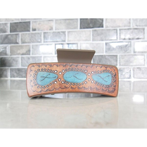 Generic Long brown faux leather effect turquoise blue native tribal hair claw clip