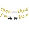 Choo Choo I'm Two Banner 2nd Birthday Party Decorations Train Themed Decor Gold Glitter