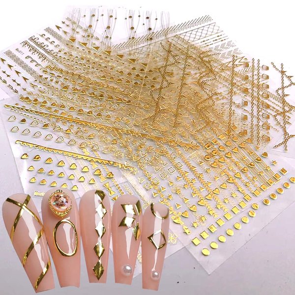 10 Sheets Gold Nail Art Stickers Decal,Nail Art Supplies 3D Exquisite Self-Adhesive Metallic Chains Line Triangle Heart Nail Design Nail Foil Decals for Woman Acrylic Nails Art Decorations Accessories