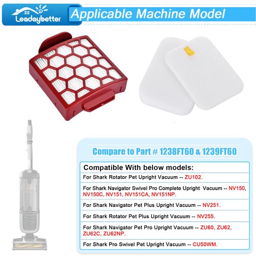 Leadaybetter Vacuum Filter Replacement for Shark Navigator Pet Plus NV150 NV251 NV255 ZU51 CU50WM ZU62NP，Zero-M Self-Cleaning Brushroll Pet Pro ZU60 ZU62 ZU62C Upright, Part 1238FT60 & 1239FT60