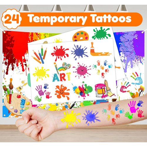 36PCS Art Party Favors 24 Tattoos Sticker 12 Stamp Set - Ideal Painting Paint Artist Themed Birthday Card Decorations Supplies Goodie Bag Cute Rewards for Boys Girls Classroom Gifts Baby Shower Prizes