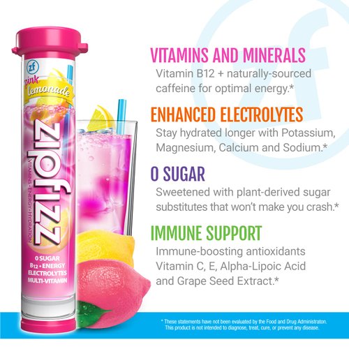 Zipfizz Energy Drink Mix, Electrolyte Hydration Powder with B12 and Multi Vitamin, Pink Lemonade (12 Pack)
