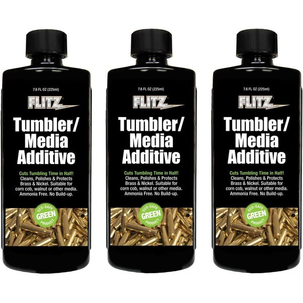 Flitz Tumbler Media Additive - 7.6oz Bottle of USA-Made Brass Cleaner Reloading Liquid for Ammo, Copper, & All Metals - Ammonia-Free Tumbling Polish to Remove Oxidation, Powder Residue (3 Pack)