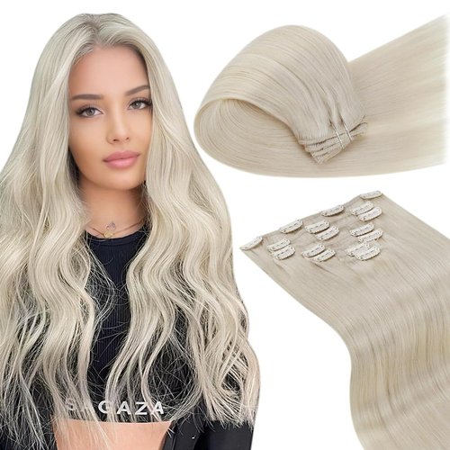 LaaVoo Real Hair Extensions Clip in Human Hair Platinum Blonde Clip in Extensions Real Human Hair Platinum Blonde Hair Extensions Real Human Hair Clip ins Long Straight Full Head 20 Inch 7pcs/120g