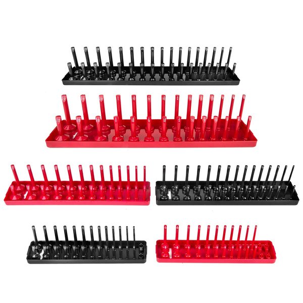 6PCS Socket Organizer Tray Set, Red SAE & Black Metric Socket Storage Trays, 1/4-Inch, 3/8-Inch & 1/2-Inch Drive Deep and Shadow Socket Holders for Toolboxes