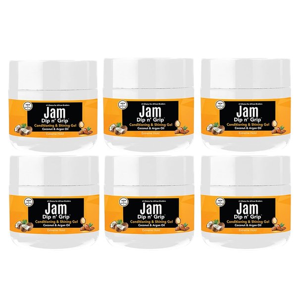 Dip n Grip Jam Hair Care Conditioning & Shining Gel Extreme Hold, High Shine, Tames Frizz Hair Gel With Argan and Coconut Oil Hair Gel For All Hair Type 2oz (Pack of 6)