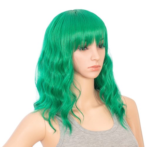 SWACC Short Curly Wavy Bob Wig with Bangs Synthetic Medium Shoulder Length Hair Wig for Women with Wig Cap (Green)