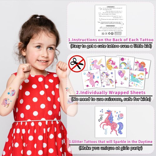 Partywind Glitter Temporary Tattoos for Kids Girls, Birthday Party Supplies Favors Decorations, Kids Goodie Bag Stuffers, Fake Tattoo Stickers for Party Games Prizes (50 Sheets)