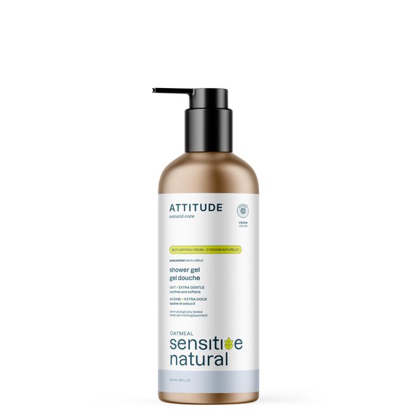 ATTITUDE Body Wash for Sensitive Skin, EWG Verified Shower Gel, Soothing Oat, Dermatologically Tested, Plant and Mineral-Based, Vegan Personal Care, Aluminum Bottle, Unscented, 16 Fl Oz
