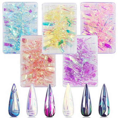 CHANGAR 5 Colors Gradient Aurora Glass Paper Nail Sticker, Reflective Mirror Design Broken Glass Stripe Line Paper Nail Decals 3D Broken Glass Pieces Mirror Foils DIY Nail Art Decoration (5 Boxes)