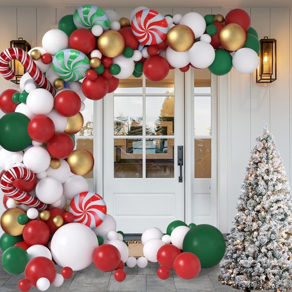 HTCAIZI 108PCS Christmas Balloon Arch Garland Kit Christmas Balloons Set Include Gold Green Red White Latex Balloons Gold Sequin Candy Cane Foil Balloons for Candy Can Christmas Party Decorations