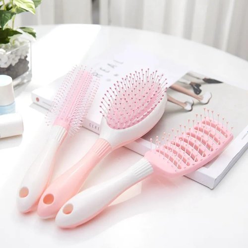 Xiaocao8 Hair Brush Set for Women and Men, 3 Pcs Plastic Hairbrush with Holder, Detangling Combs for Curly/Straight Hair (Pink)