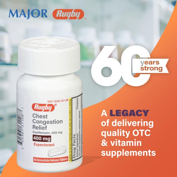 Rugby Chest Congestion Relief DM Guaifenesin 400 mg/Dextromethorphan HBr 20 mg Expectorant Cough Suppressant - 60 Immediate Release Tablets
