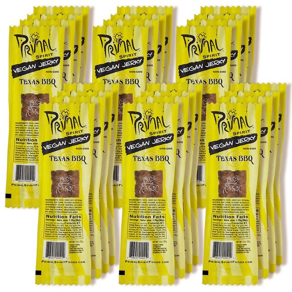 Primal Spirit Vegan Jerky – “Classic Flavor” – Texas BBQ, 10 g. Plant Based Protein, Certified Non-GMO, No Preservatives, Sports Friendly Packaging (24 Pack, 1 oz)