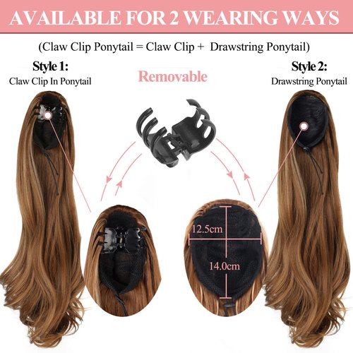 Ponytail Extensions 20 Inch Long Curly Wavy Ponytail Extension Claw Jaw Clip in Wave Honey Blonde Highlights Ponytail Drawstring Hairpiece Synthetic Body Curled Pony Tail for Women Girls(5.82OZ)…
