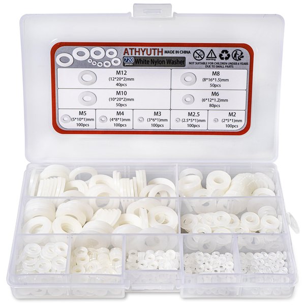 ATHYUTH 720-Pcs (9 Sizes) Round Nylon Washers White Flat Gasket Ring Sealing Washers Hardware Assortment Kit for Bolts and Screws.