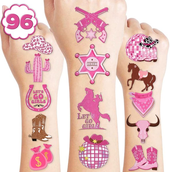 100PCS Disco Cowgirl Temporary Tattoos Stickers Themed Pink Western Horse Rodeo Birthday Party Supplies Favors Decorations Preppy Y2K Tattoo Sticker Gifts For Women Girls School Prizes Carnival