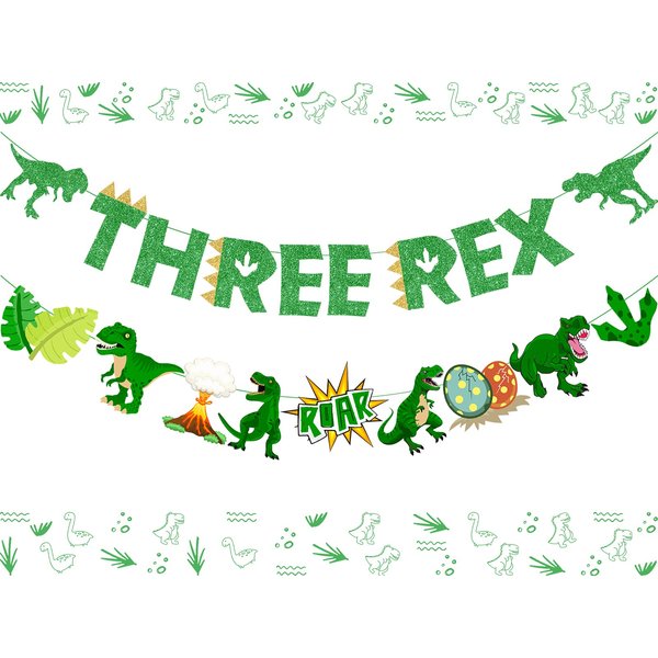 Three Rex Birthday Party Decorations-Green Glittery Three Rex Banner and Dinosaur Theme Garland 3rd Birthday Party Supplies for Boys Girls