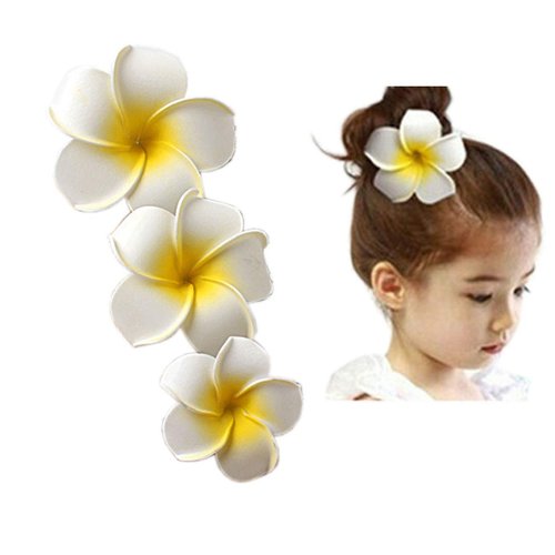 VEICOSTT Women Flower Foam Hair Clip Hawaiian Artificial Plumeria Flower for Beach Wedding 3 Pack ZFJ01N (White)