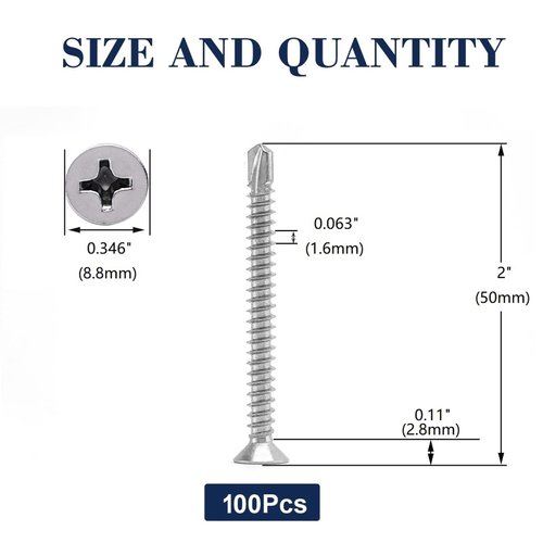 #10 x 2" Sheet Metal Screws 100Pcs 410 Stainless Steel Flat Head Tek Screws Fast Self Tapping Screws by SG TZH