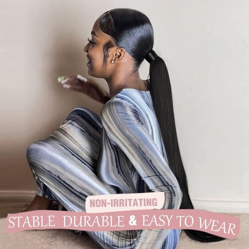 ISWEET - Long Ponytail Extension for Black Women - 28 Inch Natural Black Straight Clip on Pony Tails Hair Extensions - Magic Paste Heat Resistant Synthetic Wrap Around Fake Ponytail Hairpiece