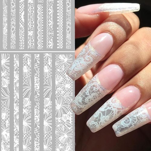 Lace Nail Stickers White Lace Nail Art Sticker Decal 3D Self-adhesive Wedding Nail Decal for Acrylic Nail,White Flower Lace Nail Design for Women Manicure Decor 6 sheets