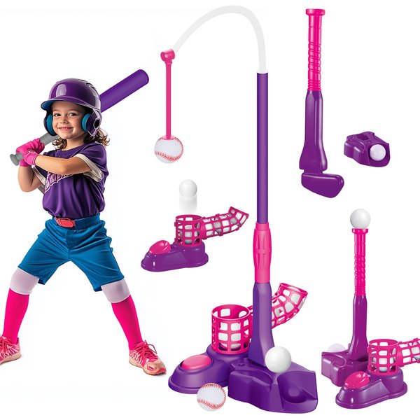 imagifun 4 in 1 T Ball Set, Kids Baseball Tee for 3-5,5-8, Teeball Batting Tee, Toddler Hanging Tee Ball Golf Set Toys, 6 Ball Retractable Bat, Pitching Machine,Outdoor Sport Toy for Girl (Pink)