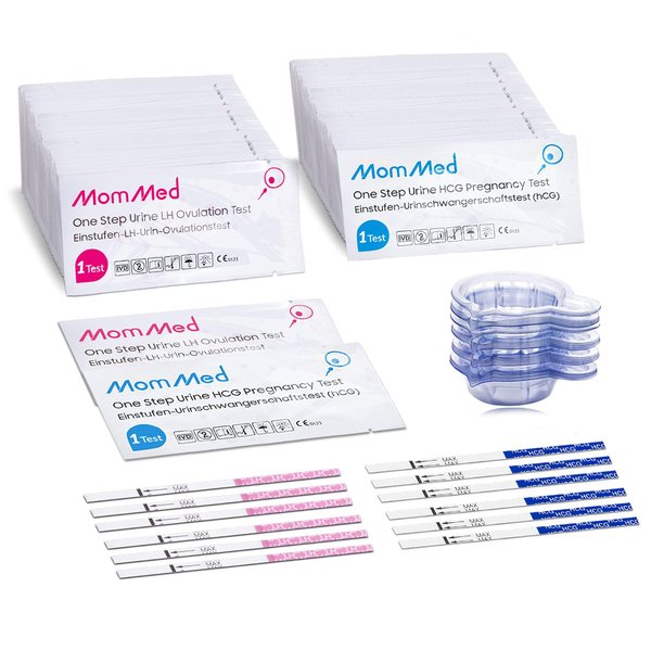 MomMed Pregnancy Test Strips (HCG20-LH60), Includes 20 Pregnancy Tests, 60 Test Strips, 80 Urine Cups, Easy to Use Ovulation Predictor Kit, Accurate Fertility Test for Women