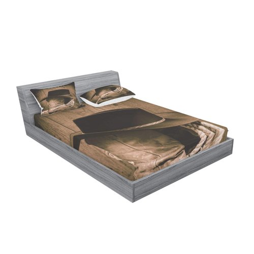 Ambesonne Western Fitted Sheet & Pillow Sham Set, Wild West Themed Cowboy Hat and Old Ranching Rope on Wooden Display Rodeo Cowboy Style, Decorative Printed 3 Piece Bedding Decor Set, Queen, Brown