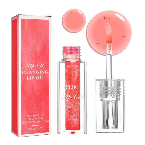 Magic Color Changing Lip Oil, Warm Change Lip Gloss, Nourishing Lip Glow Oil Upgraded Big Brush Head Moisturizing Lip Oil Long Lasting & Non-Sticky Primer Lip Tint (Red)