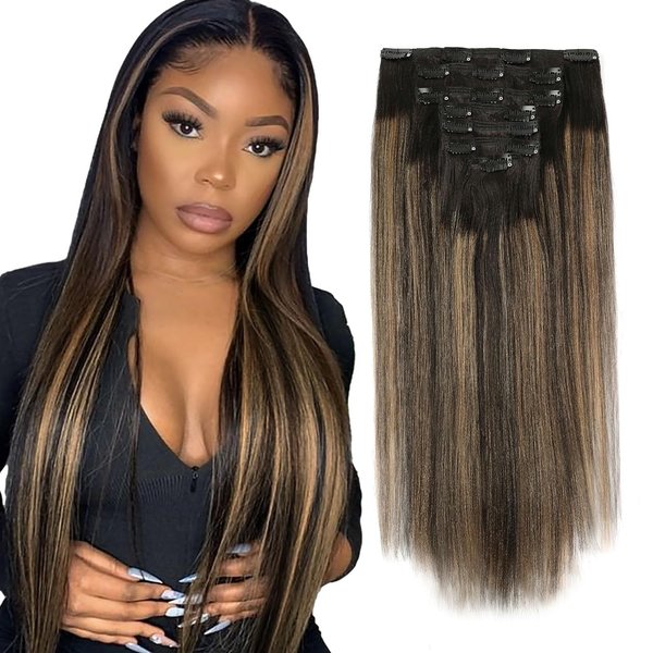 ABH AMAZINGBEAUTY HAIR Yaki Straight Human Hair Clip ins Rooted Black Piano Natural Black #1B Fading into Caramel Blonde #27 Two Tone Light Yaki Clip ins for Black Women Human Hair 12 Inch 120G 7Pcs