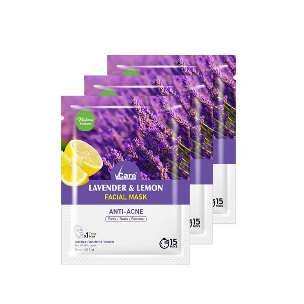 VCare Lavender Anti Acne Sheet Mask Best Self Skin Care Skin Tone and Hydrated Sheet Mask for All Skin Types Natural Home Spa Treatment Masks For Men and Women (Pack of 3)
