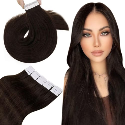 Hetto Tape in Hair Extensions Human Hair Tape in Remy Hair Extensions Silky Straight Tape on Hair Extensions for Women #2 Darkest Brown 12 Inch 20Pcs 40g