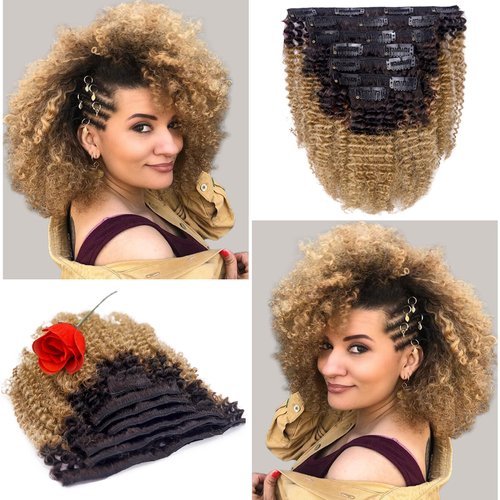 Anrosa Curly Hair Extensions Clip in Human Hair Afro Kinky Curly Clip ins Natural Hair Real Remy Thick Human Hair Extensions for Black Women (18 inch, Ombre #1B/27)