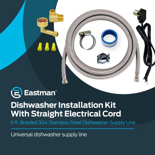 Eastman Dishwasher Installation Kit, 6 Foot Supply Line, 3/8 Inch x 3/8 Inch Compression, 6 Foot 3-Prong Straight Power Cord, Braided Stainless Steel Dishwasher Connectors, 41150