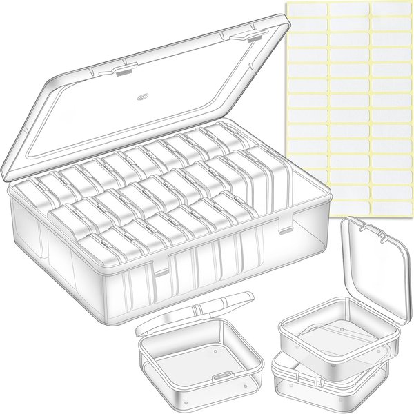 Bead Organizer Box, 30Pcs Small Clear Plastic Bead Storage Containers, 1 Craft Storage Box with Hinged Lid, 1 Sheet Label Sticker, Mini Storage Box for Jewelry Making Beading Crafts Screws Small Parts