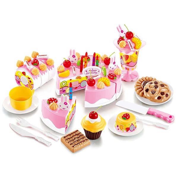 HenMerry 75PCS Birthday Cake Toy DIY Cutting Cake Play Set Kids Play Kitchen Food Pretend Play Cake Toy Best for Girls Birthday Party Gift (75PCS Pink)