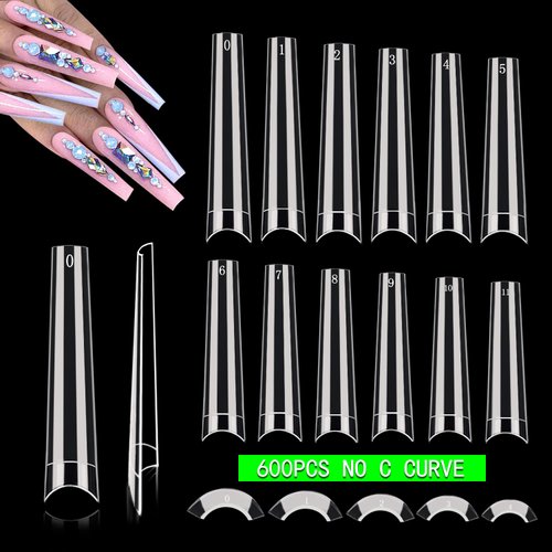 600PCS No C Curve Coffin Nail Tips for Acrylic Nails Professional, XXXL Clear Coffin Nail Tips, 12 Sizes Extra Long Acrylic Nail Tips Flattened Half Cover Fake Nails for Nail Salons and Home DIY
