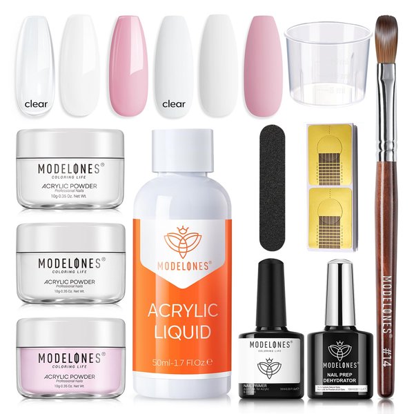 modelones Acrylic Nail Kit - Clear/White/Pink Acrylic Powder and Liquid Set with Acrylic Nail Brush, Nail Dehydrator and Primer, Starter Kit for Acrylic Nail Extension Beginners for Women Gifts