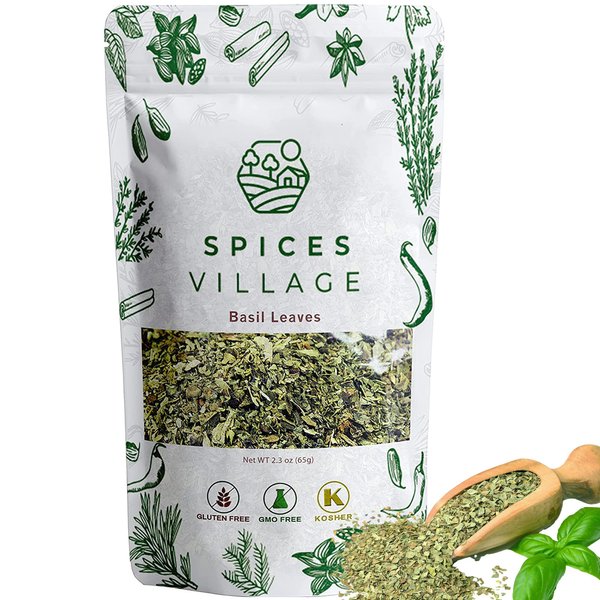 SPICES VILLAGE Dried Basil (2.3 oz) - All Natural Fresh Basil Leaves, Sweet Dry Basil Herbs, Pure Mediterranean Seasoning - Kosher Certified, Gluten Free, Non GMO, Resealable Bulk Bag