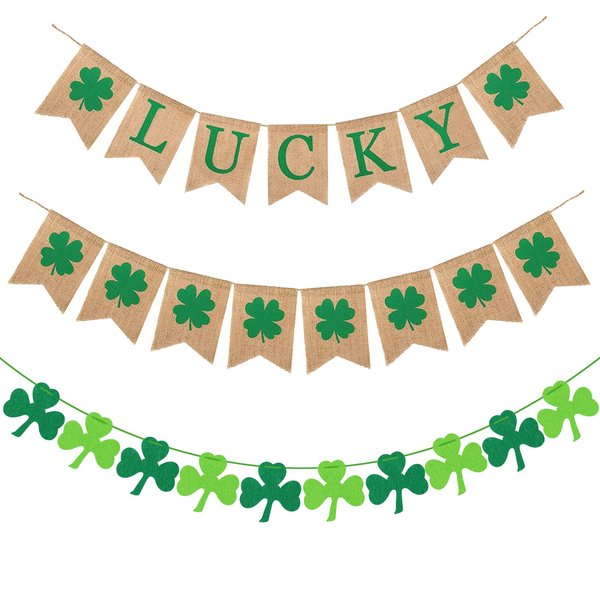 St. Patrick's Day Banner Decorations 3 Pack Burlap Lucky Banner Green Felt Garland St. Patty’s Day Party Decor for Home Saint Patrick’s Day Decorations Shamrock Decor