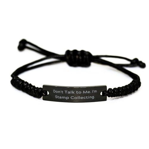 Game On Novelties Reusable Stamp Collecting Black Rope Bracelet, Don't Talk to Me.., Gifts for Friends, Present from, Engraved Bracelet for Stamp Collecting