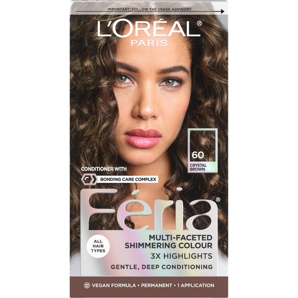 L'Oreal Paris Feria Multi-Faceted Shimmering Permanent Hair Color, 60 Crystal Brown (Light Brown), Pack of 1, Hair Dye