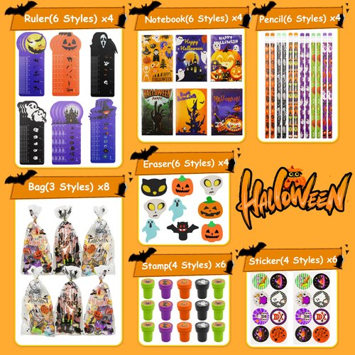 168 PCS Halloween Party Favors ,24 Pack Halloween Stationery Set Trick or Treat Gifts for kids Halloween Toy for Halloween Party Classroom School Supplies Prizes Rewards Halloween Goodie Bag Stuffers