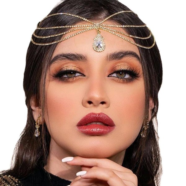NAISKA Rhinestone Head Chain Multi Layered Headpieces Boho Hair Chian Wedding Hair Clips Forehead Bridal Headband Crystal Hair Band Party Hair Jewelry for Women and Girls(Gold)