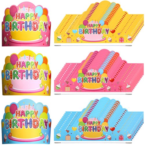 Yunsailing 36 Pcs Happy Birthday Crowns for Kids Paper Birthday Hat Crowns for Classroom Birthday Gifts Kids' Party（Pink, Yellow, Blue）