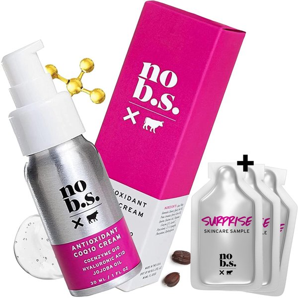 No B.S. (No Bad Stuff) Antioxidant COQ10 Cream, Daily Face Moisturizer with Coenzyme Q10, Hyaluronic Acid & Jojoba Oil, Protect, Firm & Smooth Skin, for Women & Men, Vegan, Travel Size, 1 FL Oz