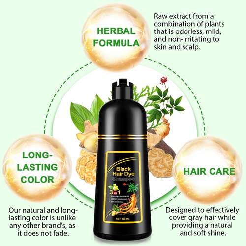 ALIVER Hair Dye Shampoo(Black), Natural Hair Dye Shampoo 3in 1- Hair Dyeing+Nourishing+Growing - 500ml - Harmless Hair Care Herbal Essences for Hair and Scalp, Hypoallergenic Hair Dye Shampoo